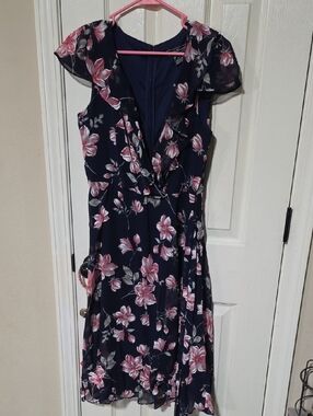 Jessica Howard Navy Midi Dress with Pink Floral Print. Ptp 19